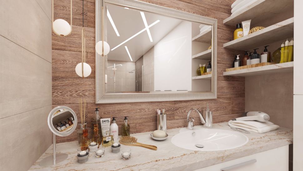 Визуализация совмещённой ванной комнаты 8 кв.м в современном стиле с белыми оттенками, стиральная машинка, белый шкаф, унитаз