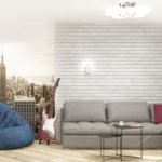 Проект гостиной в серых тонах с синими акцентами 18 кв.м, синие кресло-мешок, серый угловой диван, фотообои