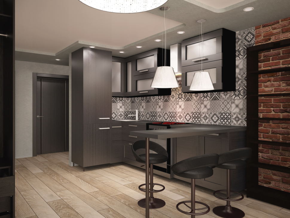 Кухня-гостиная 14 кв.м в стиле лофт ➤ смотреть фото дизайна интерьера