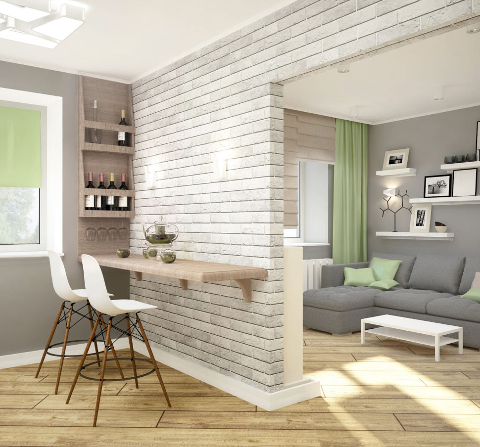 Дизайн интерьера кухни 11 кв.м в благородных серых тонах с зелеными оттенками, белый кухонный гарнитур, барные стулья, плита