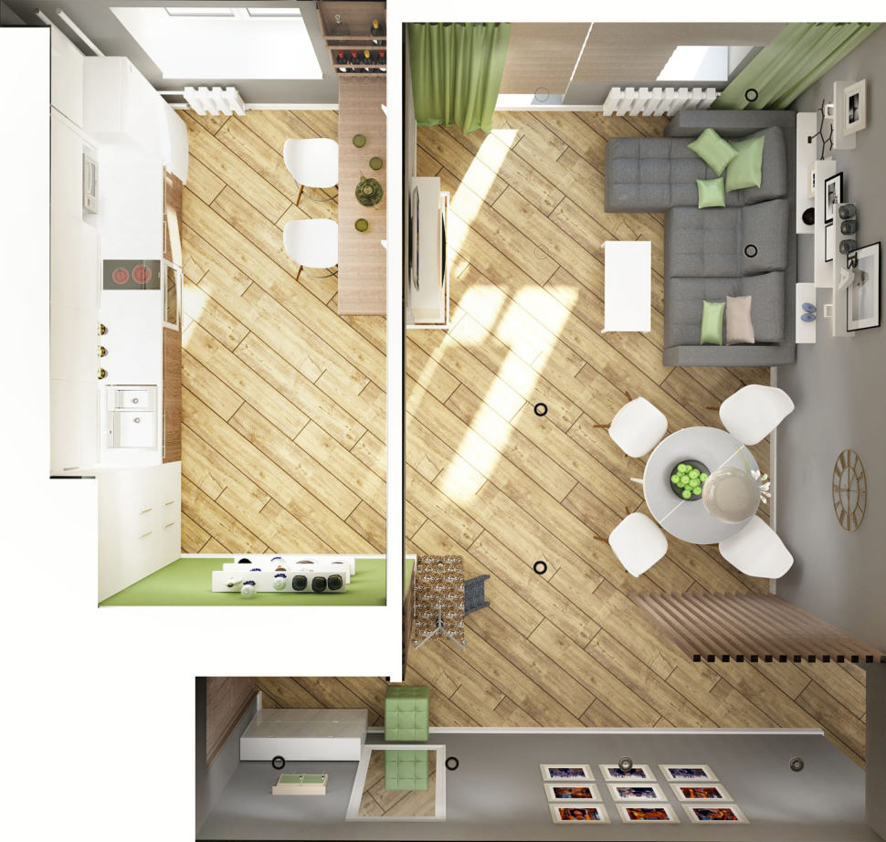 Визуализация кухни-гостиной 11 кв.м в серых тонах, серый диван, белый обеденный стол, белый журнальный столик