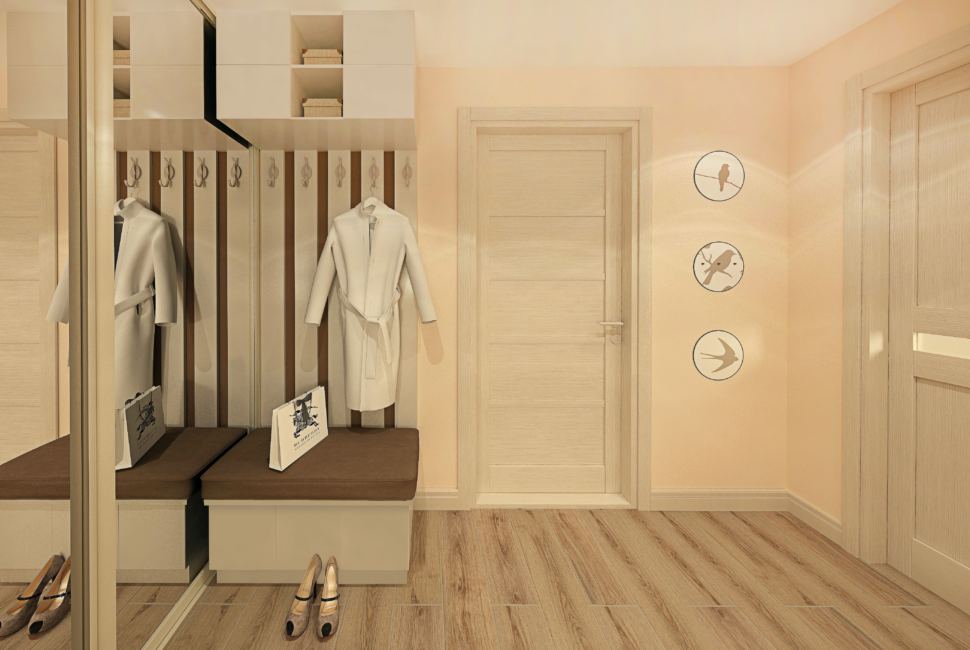 Визуализация прихожей с гардеробной 9 кв.м в современном стиле с бежевыми оттенками, гардеробная, зеркало, часы, белая полка