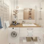 Визуализация ванной комнаты в белых тонах с древесными оттенками 6 кв.м, стиральная машинка, белая подвесная тумба, раковина, зеркало