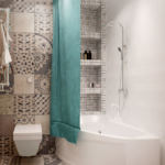 Визуализация ванной комнаты 4 кв.м. Асимметричная ванна,полочки - ниши, подвесной унитаз, керамическая плитка - орнамент