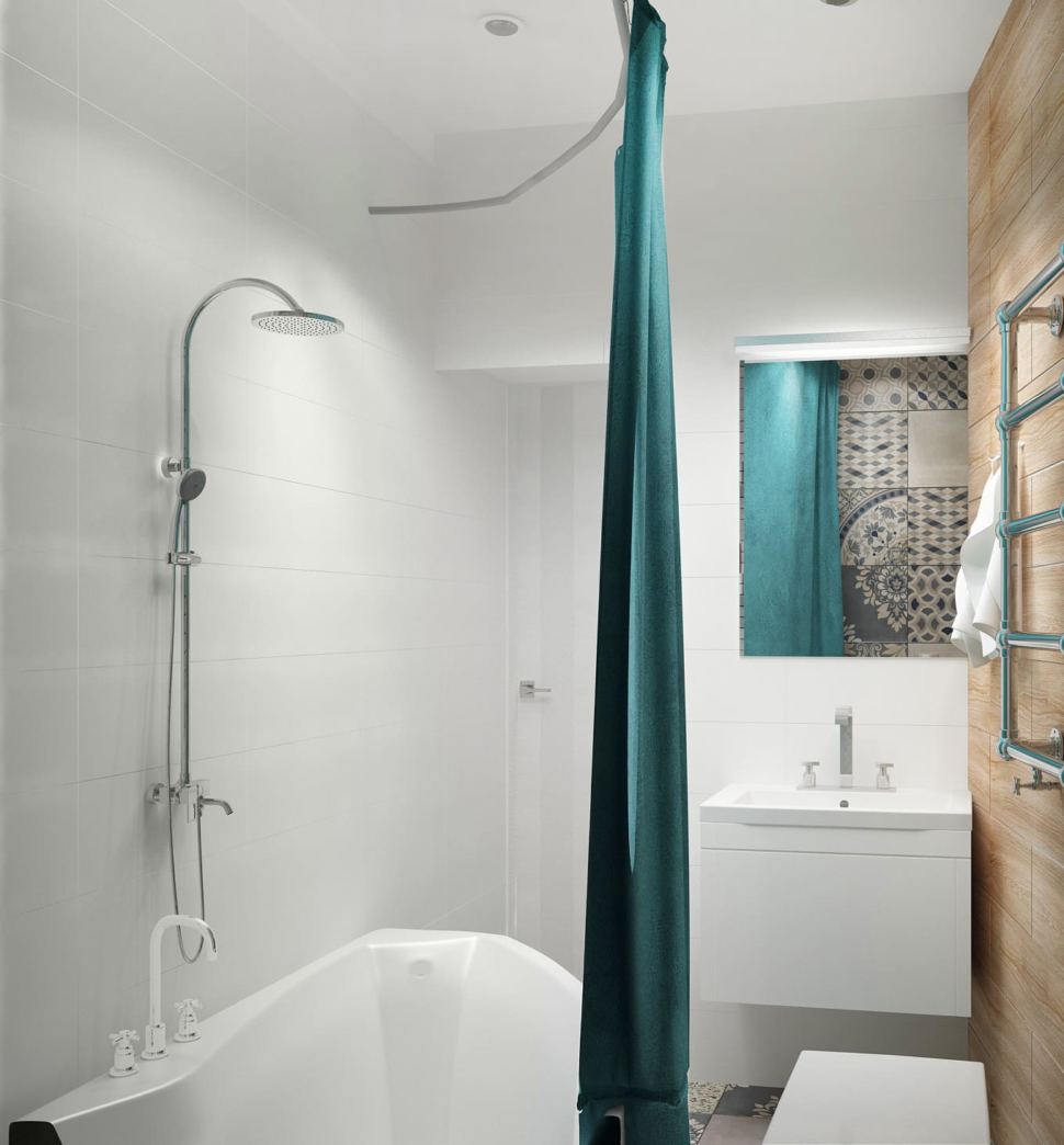 Дизайн-проект совмещённый санузла с ванной 4 кв.м с древесными оттенками, ванная, зеркало, серая геометрическая плитка, унитаз, полочки