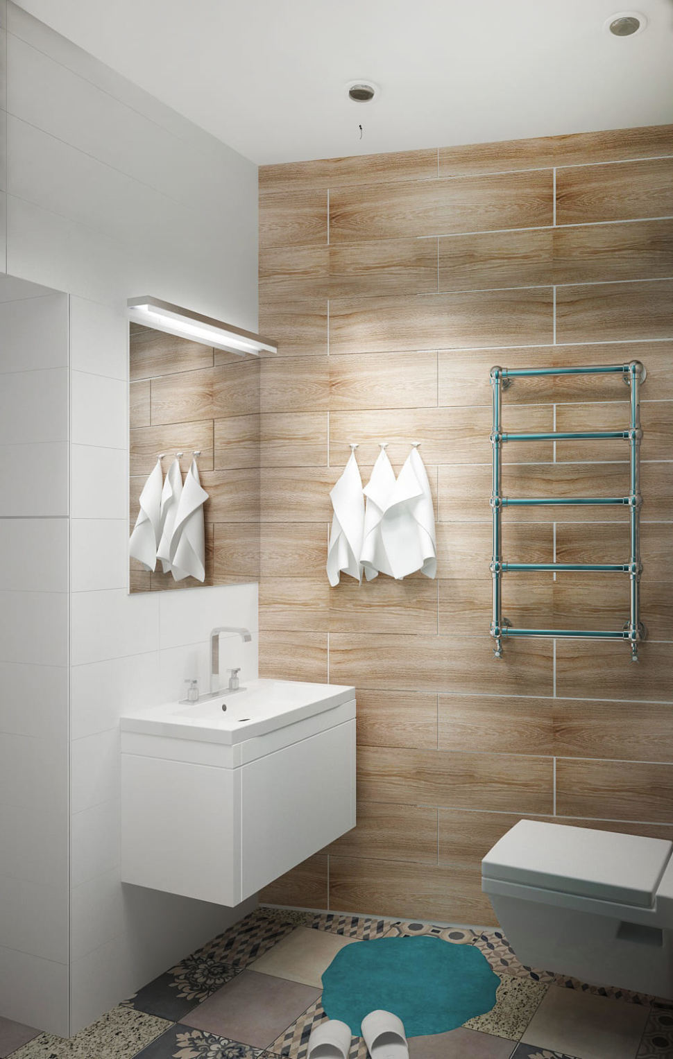 Дизайн ванной комнаты 4 кв.м, в природных тонах, зеркало, сушилка, мойка с подвесной тумбой