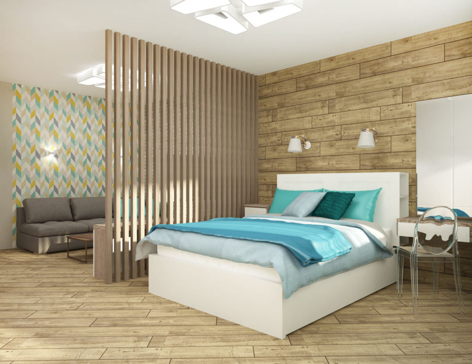 Дизайн спальни 33 кв.м в теплых тонах с бирюзовыми акцентами, белая кровать, зеркало, столик, стул
