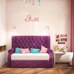 Дизайн детской для девочки 13 кв.м в розовых тонах, стол, кресло, диван, подвесная люстра