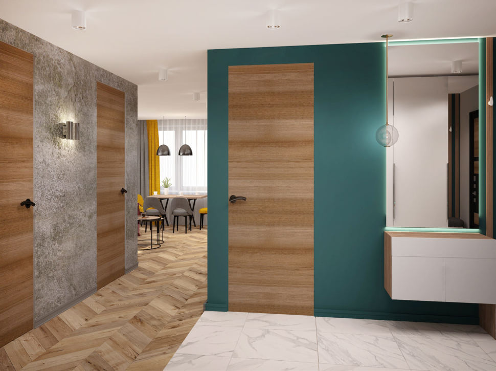 Дизайн интерьера прихожей 7 кв.м и коридора 6 кв.м в современном лофте с изумрудными оттенками, зеркало, подвесной светильник, белая скамья 