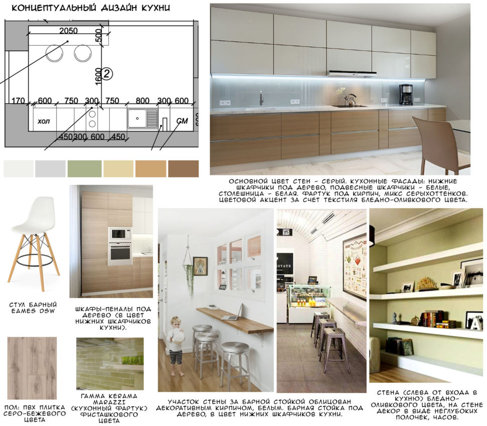 Концептуальный дизайн кухни 11 кв.м в благородных серых тонах, стул барный, бежевые шкафы-пеналы, барная стойка