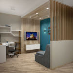 Дизайн интерьера кухни-гостиной в серых тонах 12 кв.м, белая тумба под ТВ, телевизор, серый диван