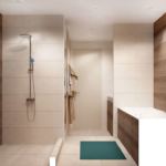 Дизайн-проект ванной комнаты в бежевых тонах 7 кв.м, душевая кабинка, ванна, открытые полки, плитка