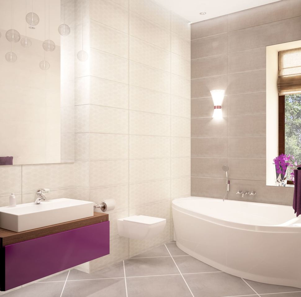 Визуализация ванной комнаты 8 кв.м в доме с белыми оттенками, ванная, зеркало, белый шкаф, раковина, фиолетовая тумба, светильники