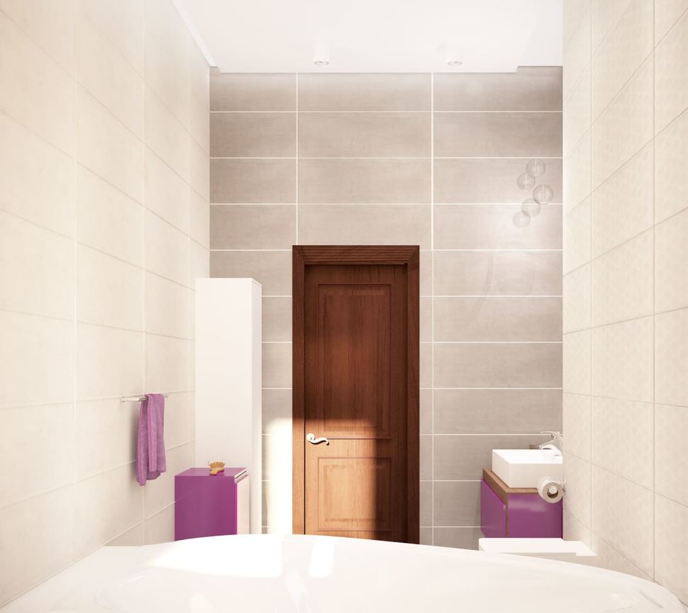 Дизайн интерьера ванной комнаты 8 кв.м в доме с бирюзовыми оттенками, ванная, белый шкаф, фиолетовая тумба, зеркало, раковина