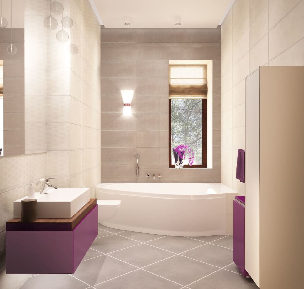 Дизайн интерьера ванной комнаты 8 кв.м в доме с бежевыми оттенками, ванная, белый шкаф, раковина, фиолетовая тумба