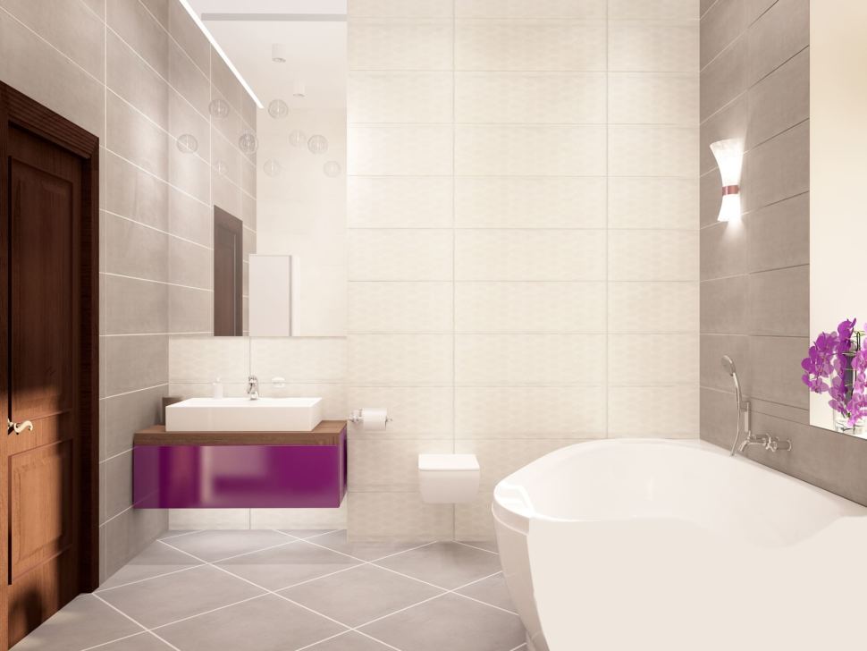 Визуализация ванной комнаты 8 кв.м в доме с белыми оттенками, ванная, белый шкаф, зеркало, фиолетовая тумба, раковина 
