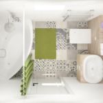 Визуализация ванной комнаты 5 кв.м в белых тонах, ванная, раковина, бежевый шкаф, сушилка