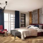 Дизайн интерьера спальни в синих и бордовых тонах 16 кв.м, бело-черная скамья, телевизор, кровать, полки