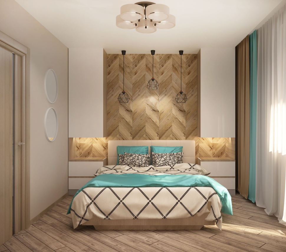 Дизайн интерьера спальни 9 кв.м в современном стиле с бирюзовыми оттенками, белые прикроватные комоды, подвесные светильники
