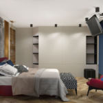 Дизайн спальни в синих и бордовых тонах 16 кв.м, бордовое кресло, бордовая кровать, белый шкаф