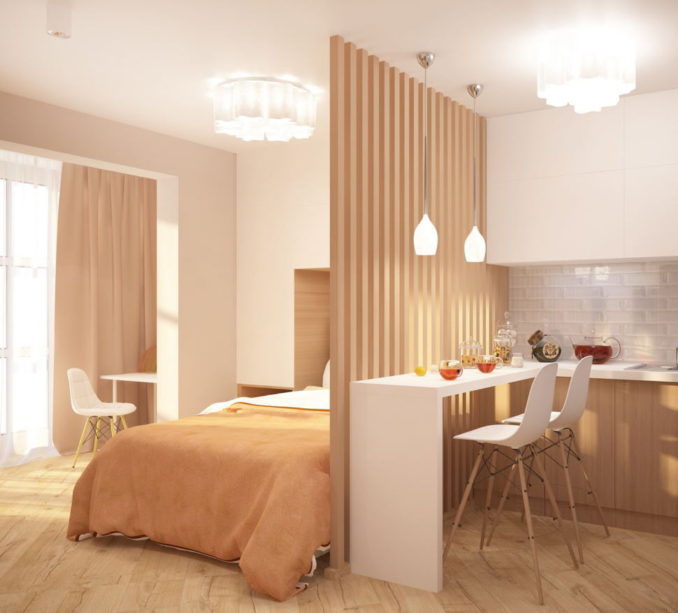 Проект комнаты 19 кв.м в теплых оттенках, потолочные светильники, белый кухонный гарнитур, барная стойка, барный стул