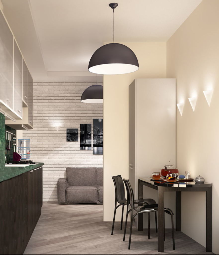 Визуализация кухни- гостиной 16 кв.м в светлых тонах с акцентами, обеденный стол, подвесная люстра, стулья, кухонный гарнитур