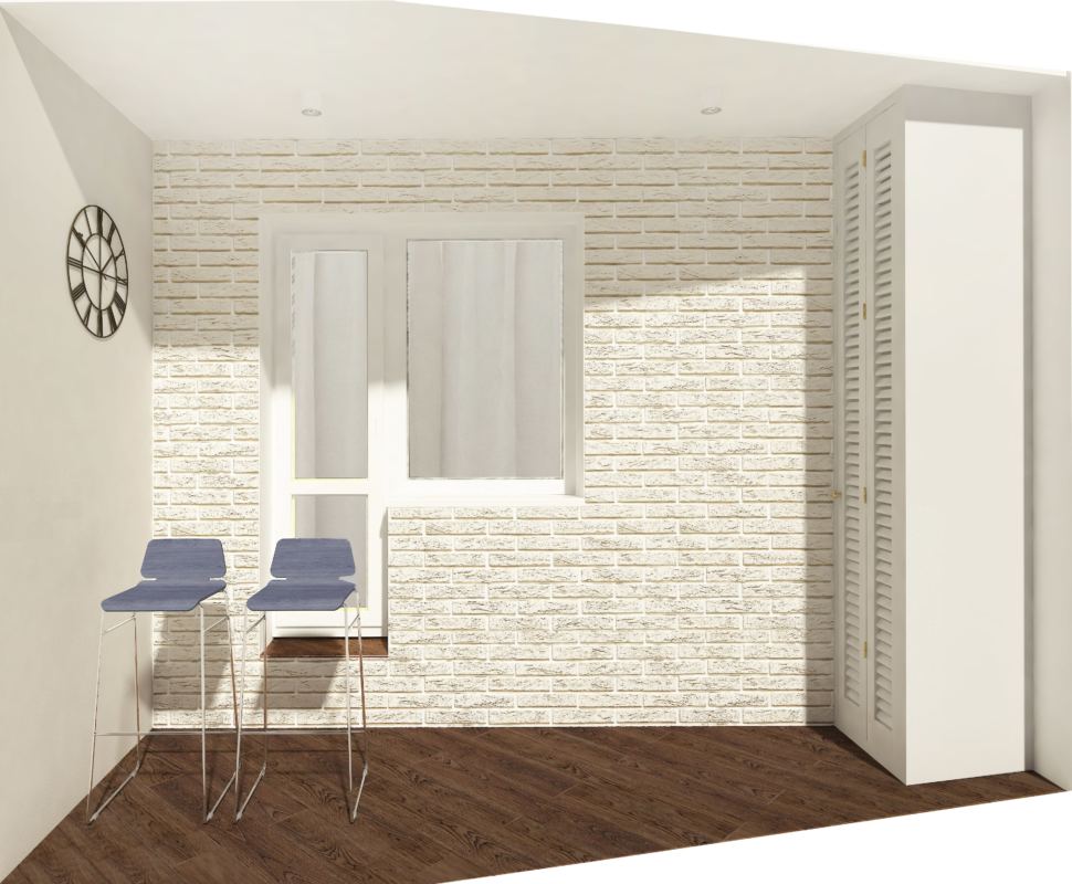 Проект лоджия 4 кв. м. в бежевом цвете, гипсовый белый кирпич, часы, керамический гранит, барные стулья