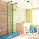 Визуализация детской 14 кв.м, детский стол, бежевая кровать, люстра, система хранения, шведская стенка, светильники
