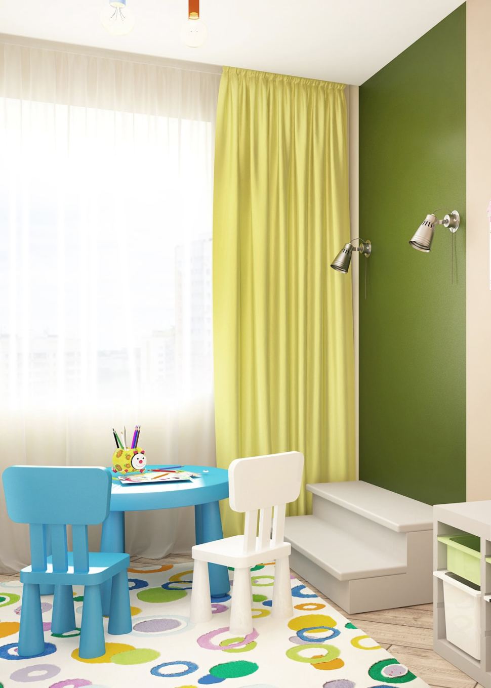 Интерьер детской 14 кв.м, детский стол, бежевая кровать, цветная люстра, настенные светильники, цветной шкаф, шведская стенка