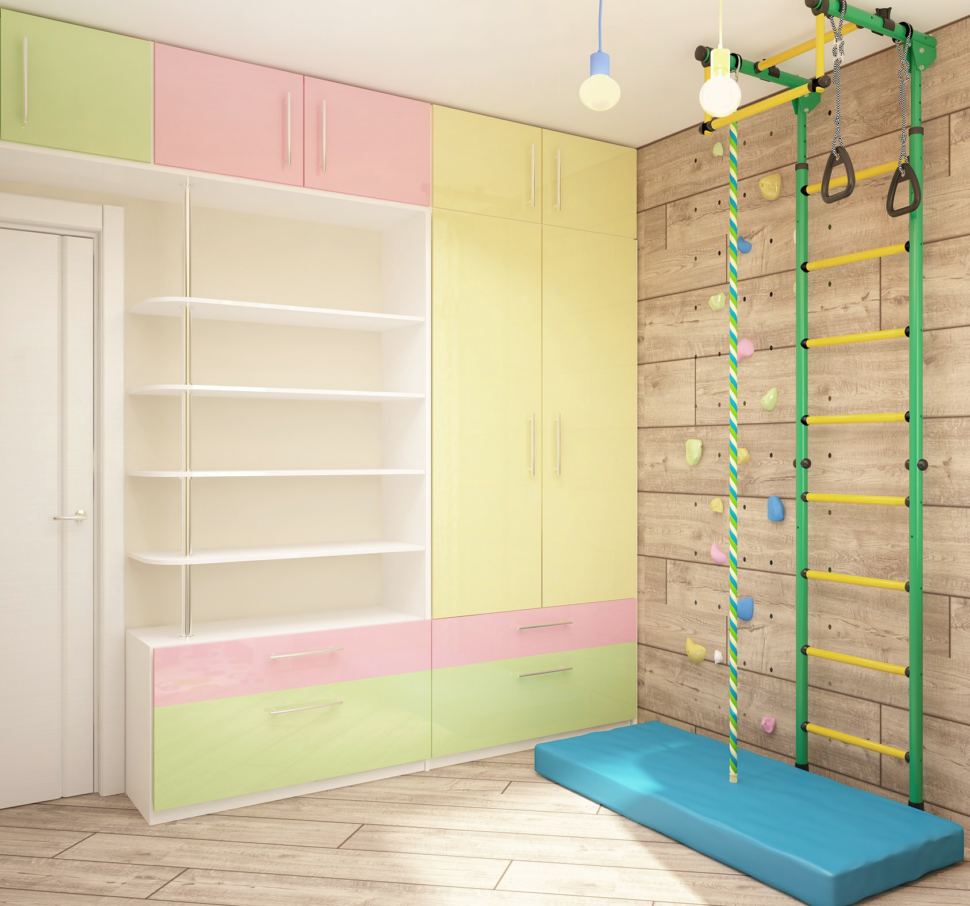 Дизайн-проект детской 14 кв.м, синий детский стол, бежевая кровать, система хранения, шведская стенка, настенные светильники