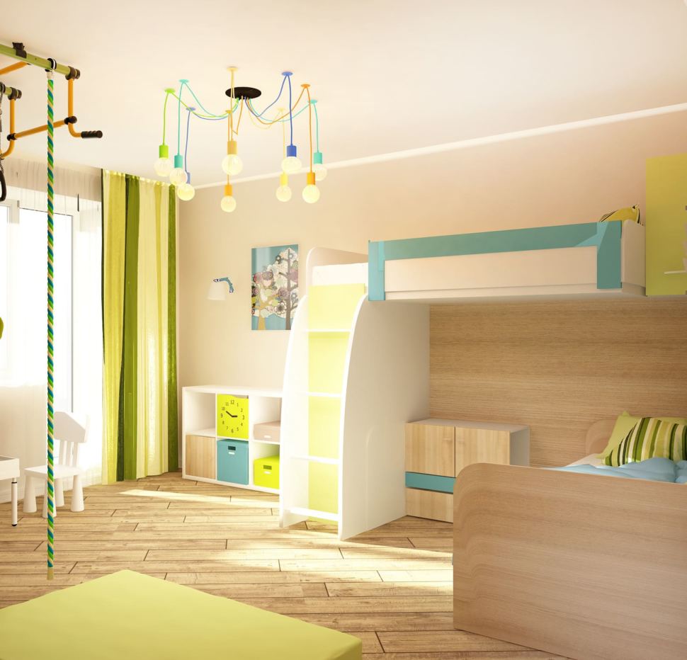 Дизайн-проект детской 16 кв.м с яркими акцентами, стеллаж для игрушек, двухъярусная кровать, стул, тумба, подвесная люстра