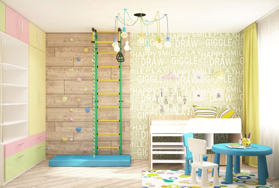 Визуализация детской 14 кв.м, синий стул, бежевая двухъярусная кровать, система хранения, шведская стенка, светильники