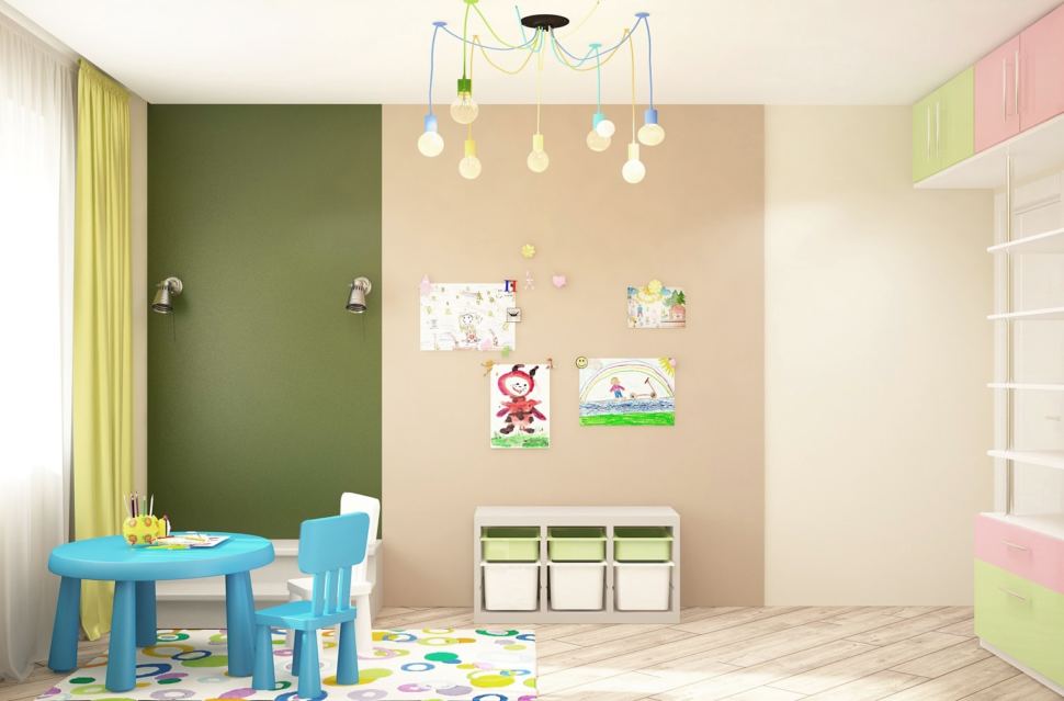 Дизайн-проект детской 14 кв.м, детский стол, кровать, люстра, шкаф, шведская стенка, настенные светильники