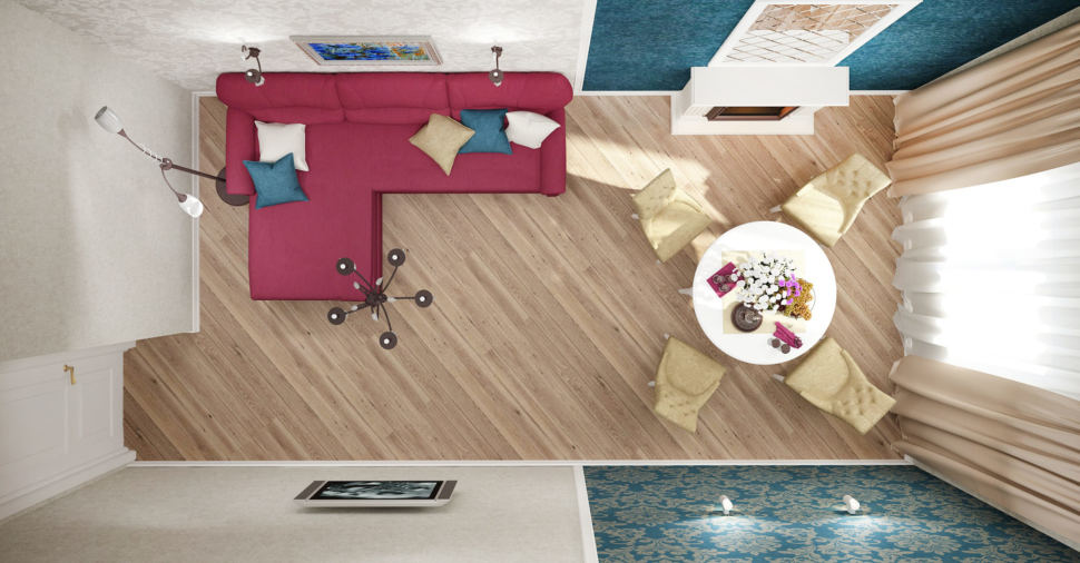 Визуализация гостиной 21 кв.м в нежных оттенках с синими акцентами, бордовый диван, зеркало, обеденная группа, декор, портьеры