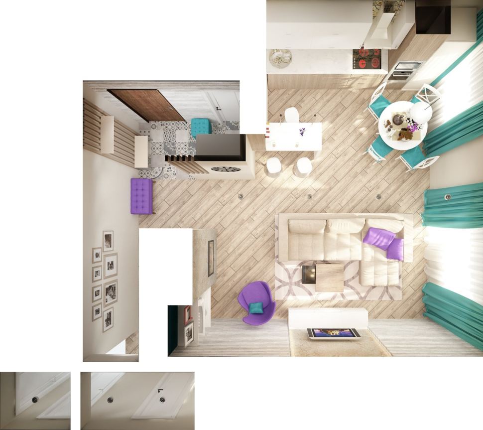 Дизайн-проект гостиной 20 кв.м в бирюзовых и бежевых тонах, диван, кухонный гарнитур, белый шкаф, белый обеденный стол