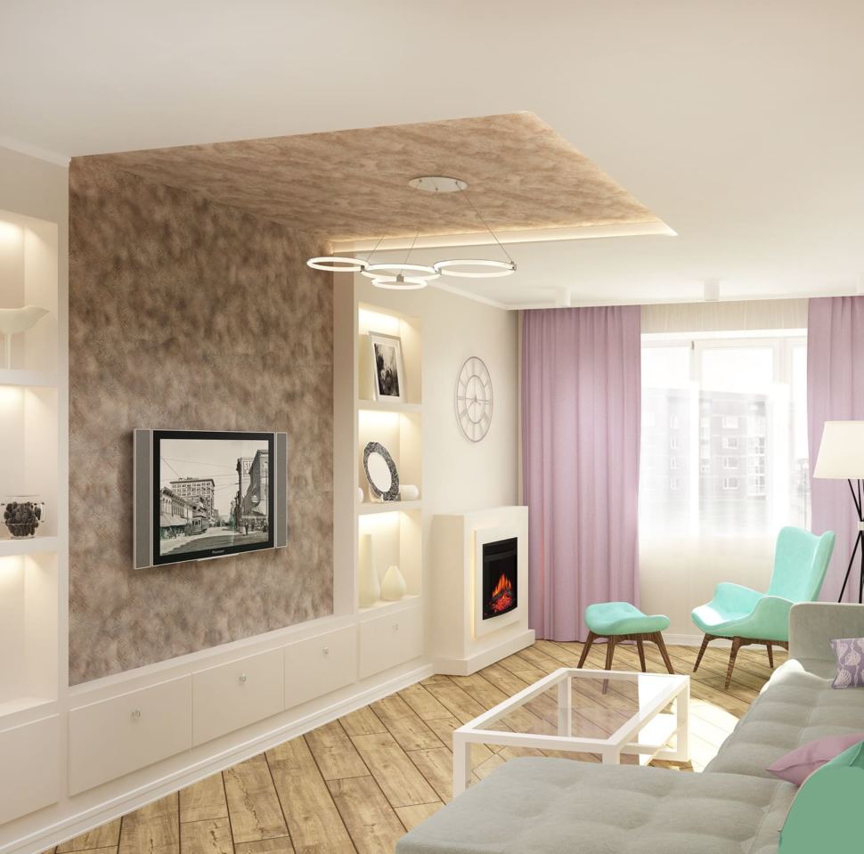 Дизайн-проект гостиной 20 кв.м в нежных тонах с акцентами, люстра, белая тумба, серый диван, розовые портьеры