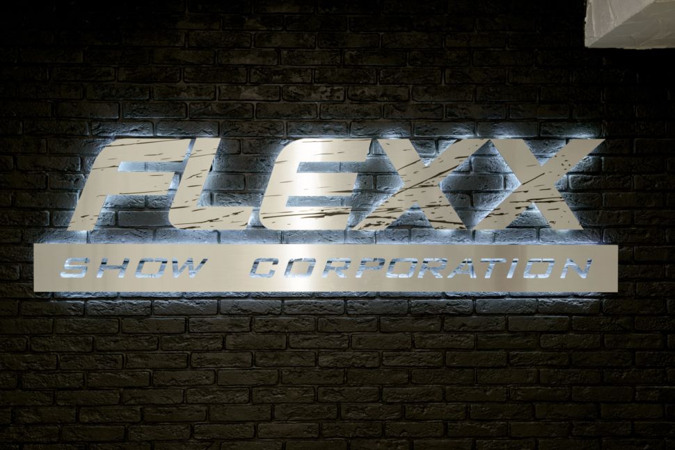 Фото логотипа танцевальной студии в темных тонах, декоративная подсветка, черный кирпич, flexx