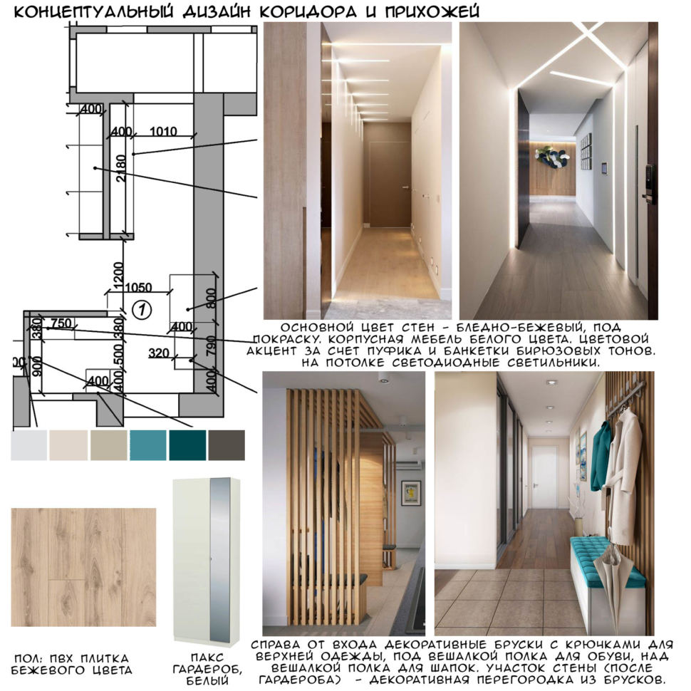 Концептуальный дизайн прихожей-коридора 12 кв.м в белых и древесных тонах, пвх плитка, белый шкаф, вешалка