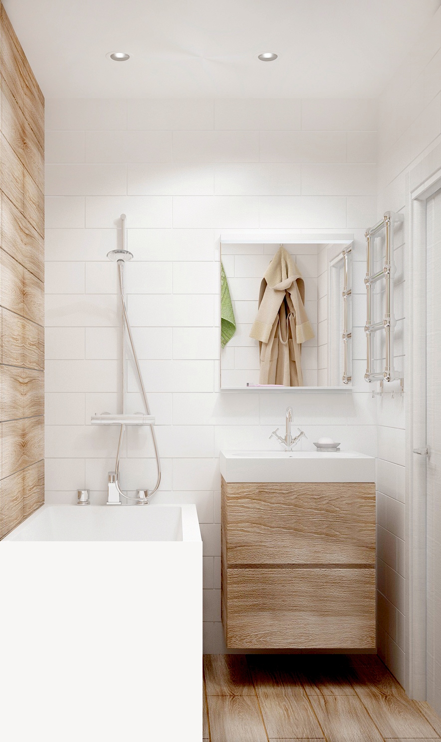 Визуализация ванной комнаты 3 кв.м в белых и бежевых тонах, раковина, тумба, ванна, зеркало, светильники 