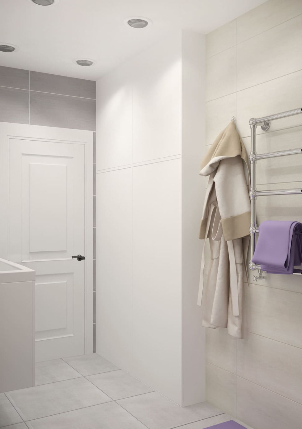 Визуализация ванной комнаты 6 кв.м в серых оттенках, зеркало, керамическая плитка, встроенный светильник, белый шкаф, вешалка