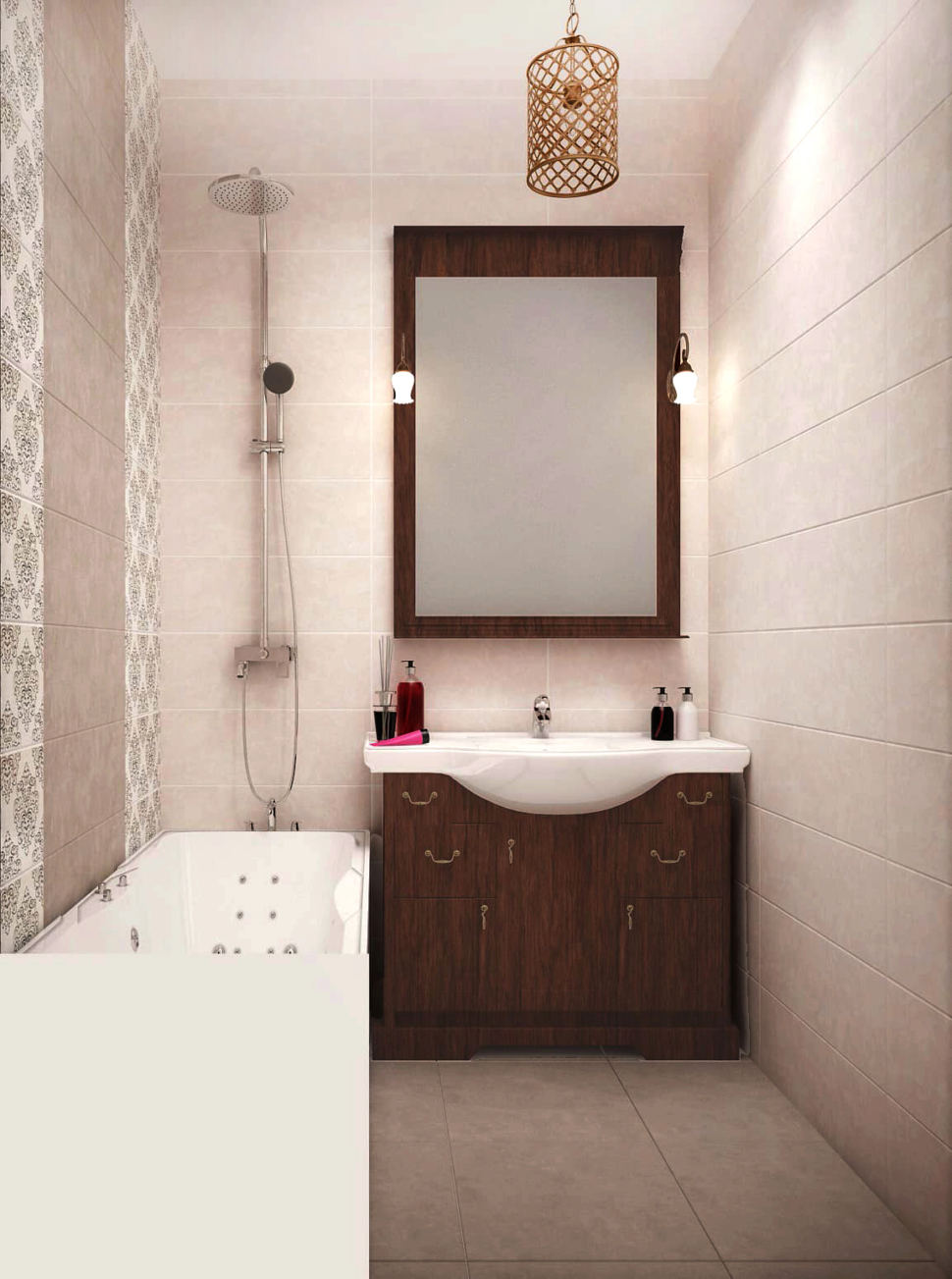  Визуализация ванной комнаты 3 кв.м в белых оттенках, ванна, белые открытые полки, светильники, керамическая плитка