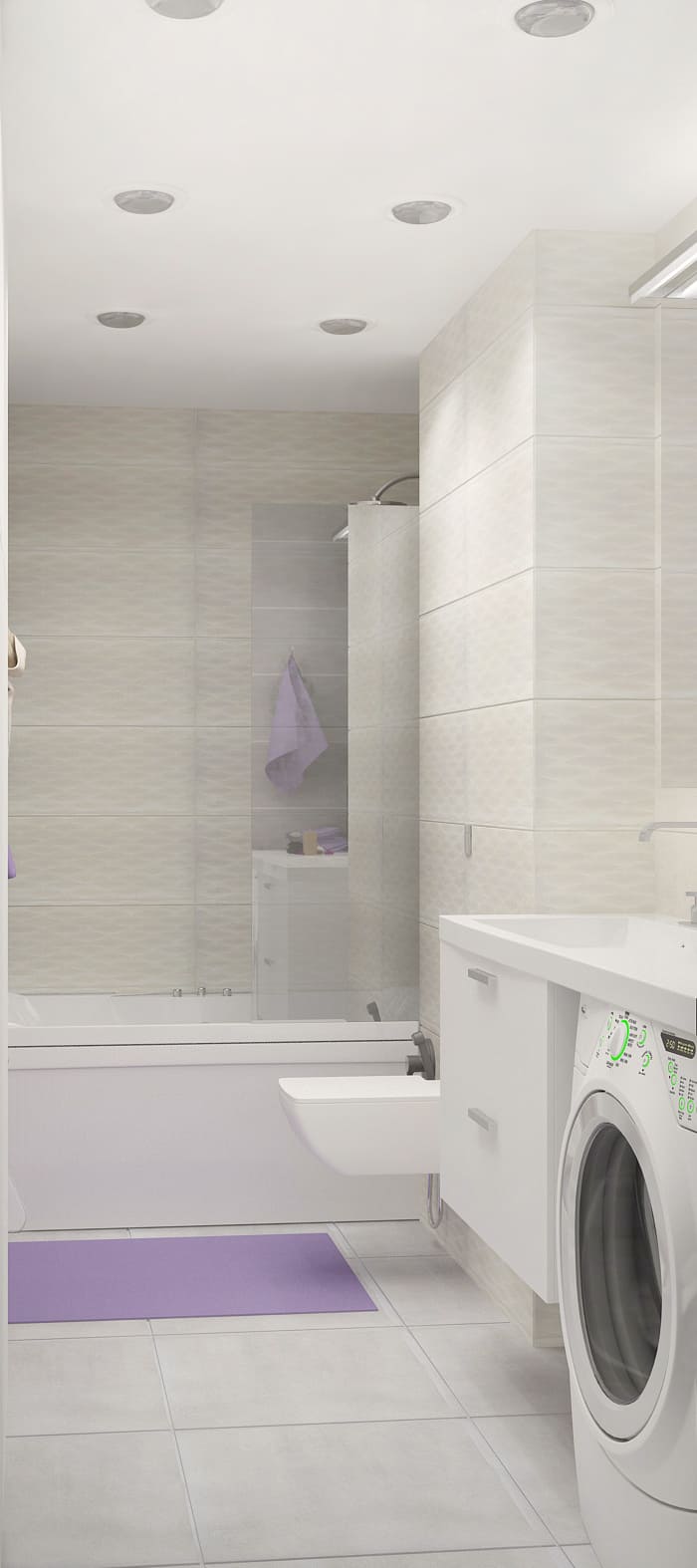 Визуализация ванной комнаты 6 кв.м в серых оттенках, белый унитаз, зеркало, керамическая плитка, стиральная машина, коврик, ванна, белая тумба