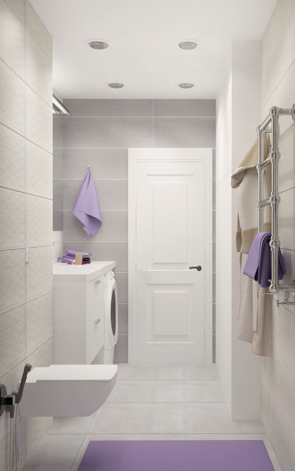 Интерьер ванной комнаты 6 кв.м в серых оттенках, раковина, подвесной белый унитаз, зеркало, керамическая плитка, стиральная машина, полотенцесушитель
