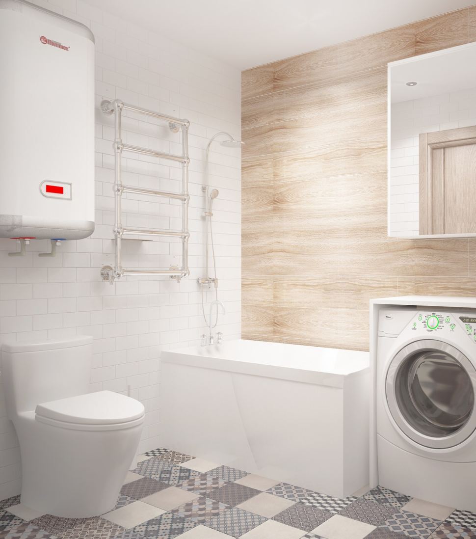 Интерьер ванной комнаты 3 кв.м в бежевых оттенках, керамическая плитка, белый унитаз, стиральная машинка под столешницей
