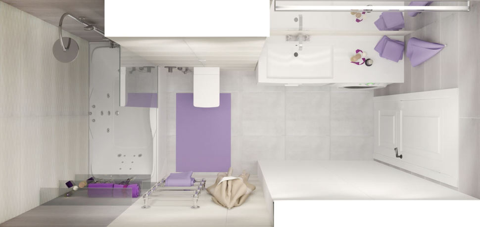 Дизайн-проект ванной комнаты 6 кв.м в серых оттенках, мойка, подвесной унитаз, зеркало, керамическая плитка, коврик, ванна