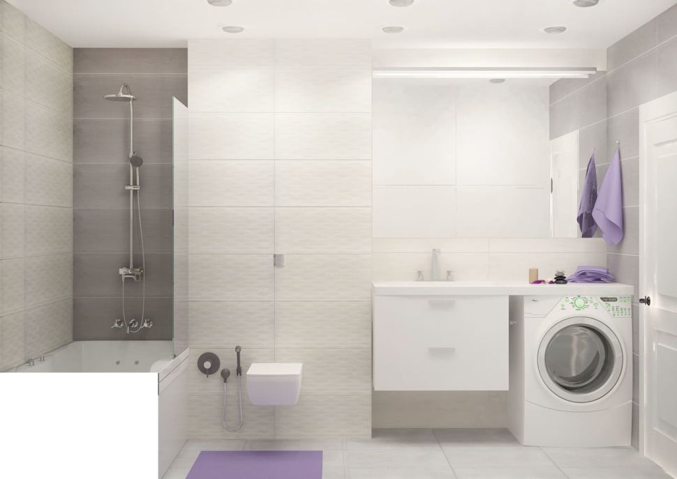 Визуализация ванной комнаты 6 кв.м в серых оттенках, раковина, санузел, унитаз, зеркало, керамическая плитка, стиральная машинка