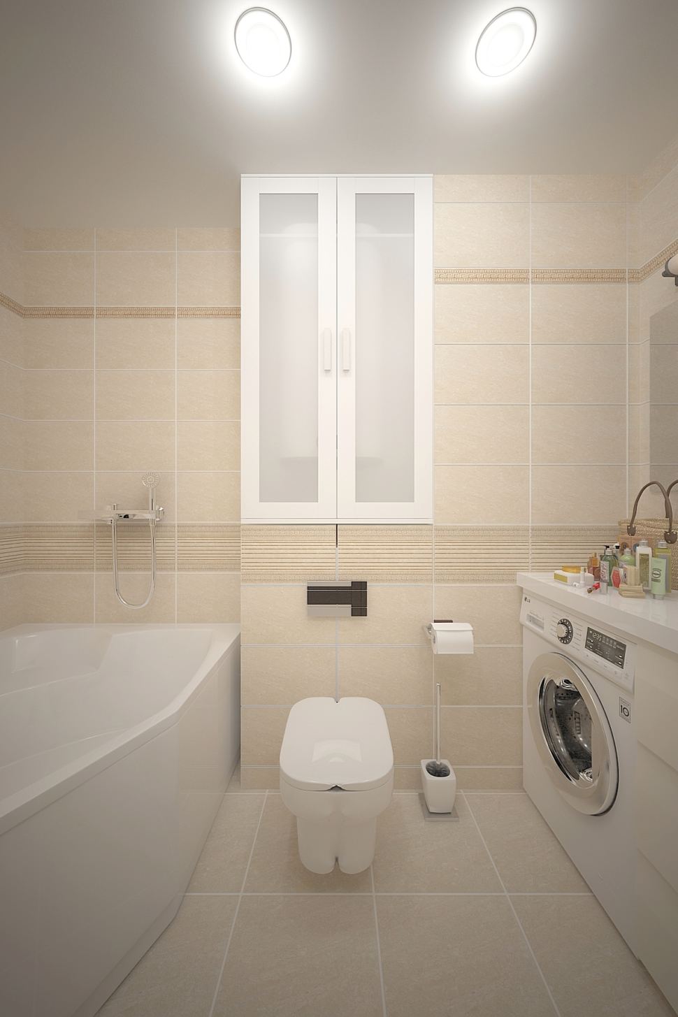 Визуализация ванной комнаты 3 кв.м в бежевых тонах, белый шкаф, стиральная машина, тумба, мойка, зеркало, унитаз