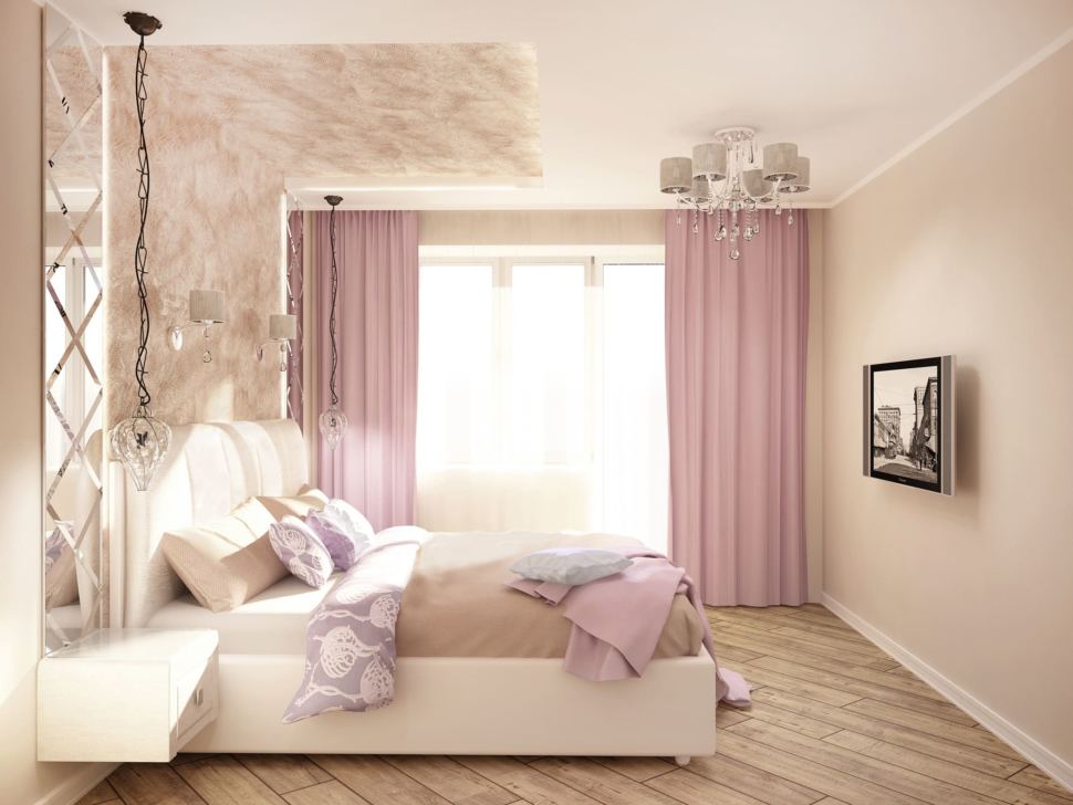 Интерьер спальни 11 кв.м в нежных тонах с лавандовыми оттенками, зеркало, розовые портьеры, кровать, прикроватные тумбочки