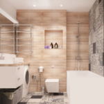 Проект ванной комнаты 4 кв.м в теплых оттенках, керамическая плитка под дерево, орнамент, мойка, ванна, полочки-ниши